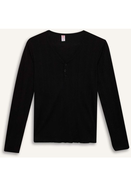 Pijama Takımı V Yaka Düğmeli Ribana Uzun Kollu Üst Beli Lastikli Geniş Paça Alt-Fall in Love D2273AX24WN