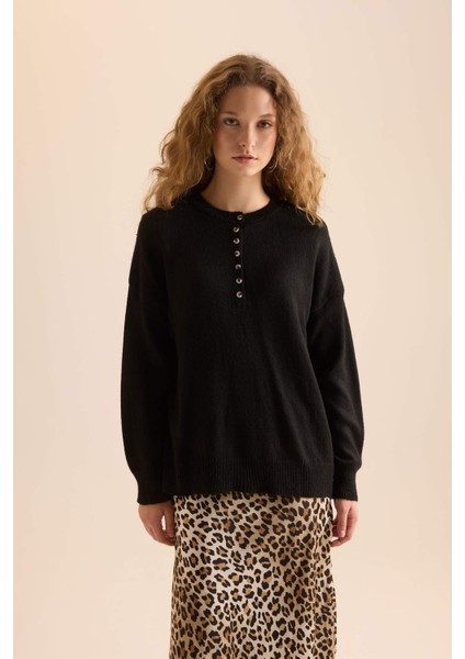 Oversize Geniş Kalıp Düğmeli Yaka Triko Kazak D4913AXNS