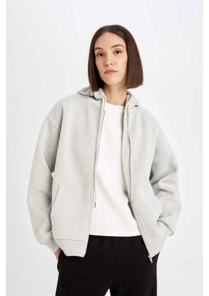 Gri Okula Dönüş Relax Fit Kapüşonlu Kalın Basic Düz Cepli Fermuarlı Sweatshirt D8717AX24WN