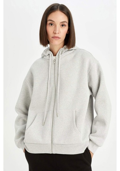 Gri Okula Dönüş Relax Fit Kapüşonlu Kalın Basic Düz Cepli Fermuarlı Sweatshirt D8717AX24WN