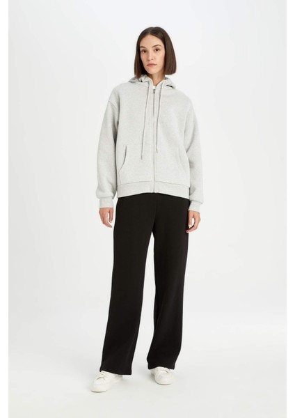 Gri Okula Dönüş Relax Fit Kapüşonlu Kalın Basic Düz Cepli Fermuarlı Sweatshirt D8717AX24WN
