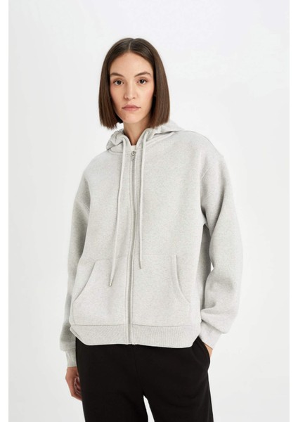 Gri Okula Dönüş Relax Fit Kapüşonlu Kalın Basic Düz Cepli Fermuarlı Sweatshirt D8717AX24WN