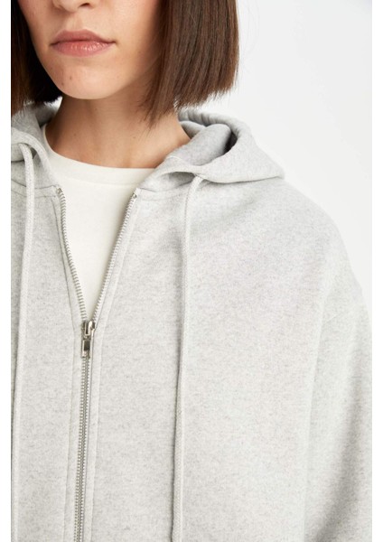 Gri Okula Dönüş Relax Fit Kapüşonlu Kalın Basic Düz Cepli Fermuarlı Sweatshirt D8717AX24WN