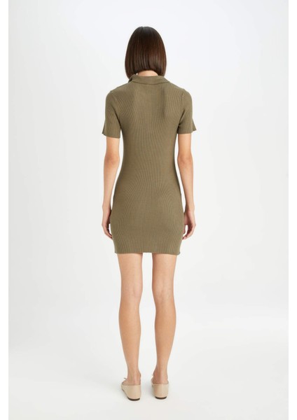 Fitted Vücuda Oturan Polo Yaka Basic Düz Kısa Kollu Mini Triko Elbise D8718AX24AU