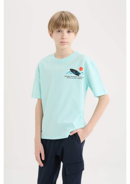 Erkek Çocuk Oversize Geniş Kalıp Bisiklet Yaka Baskılı Kısa Kollu Tişört B6165A825SM