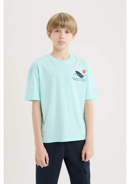 Erkek Çocuk Oversize Geniş Kalıp Bisiklet Yaka Baskılı Kısa Kollu Tişört B6165A825SM