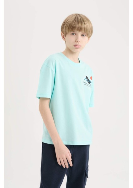 Erkek Çocuk Oversize Geniş Kalıp Bisiklet Yaka Baskılı Kısa Kollu Tişört B6165A825SM