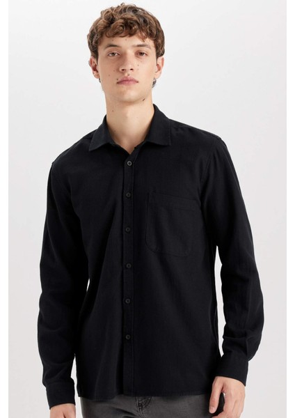 %100 Pamuk Regular Fit Basic Düz Keten Görünümlü Uzun Kollu Siyah Gömlek D7079AX24SP