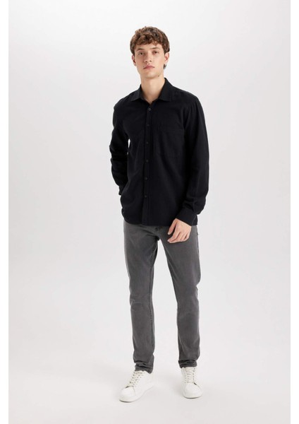 %100 Pamuk Regular Fit Basic Düz Keten Görünümlü Uzun Kollu Siyah Gömlek D7079AX24SP