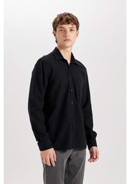 %100 Pamuk Regular Fit Basic Düz Keten Görünümlü Uzun Kollu Siyah Gömlek D7079AX24SP