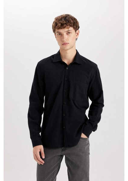 %100 Pamuk Regular Fit Basic Düz Keten Görünümlü Uzun Kollu Siyah Gömlek D7079AX24SP