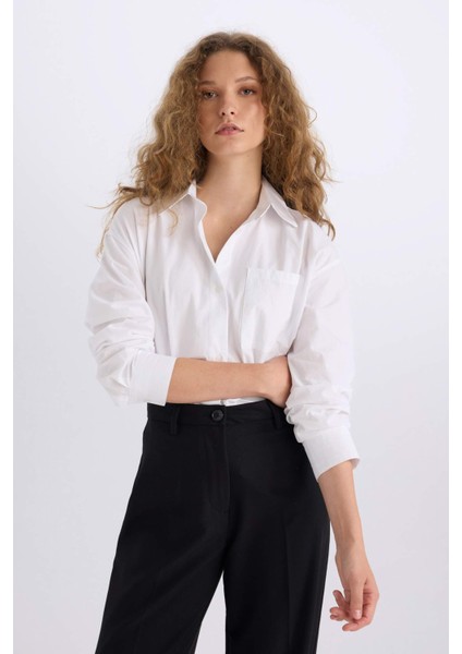 Oversize Geniş Kalıp Tek Cepli Poplin Uzun Kollu Gömlek D9174AX24AU