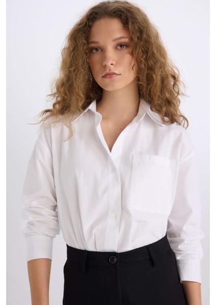 Oversize Geniş Kalıp Tek Cepli Poplin Uzun Kollu Gömlek D9174AX24AU