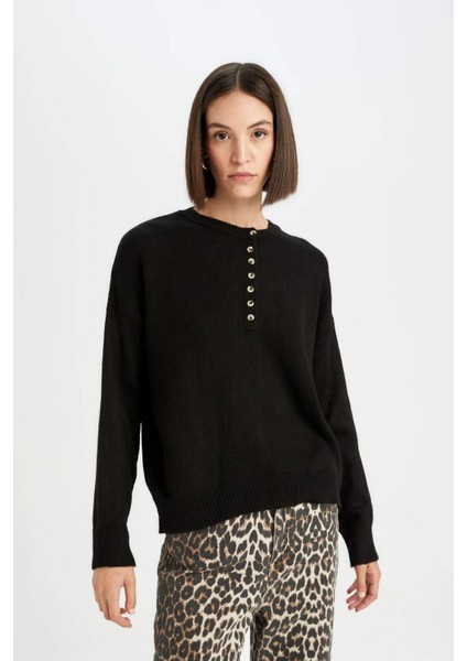 Oversize Geniş Kalıp Düğmeli Yaka Triko Kazak D4913AXNS