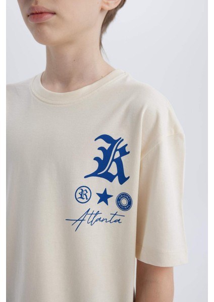 Erkek Çocuk Oversize Geniş Kalıp Bisiklet Yaka Baskılı Kısa Kollu Tişört B6165A825SM