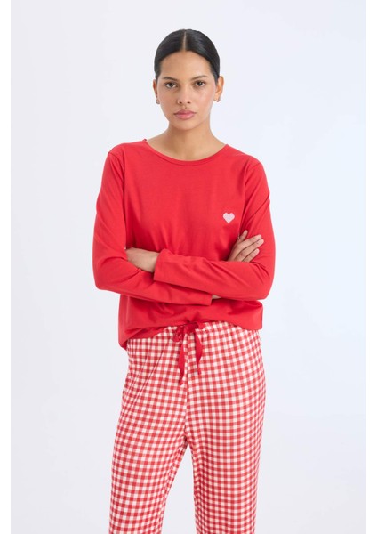 Pijama Takımı Regular Fit Uzun Kollu Üst Kareli Uzun Altı-Fall in Love D2303AX24WN