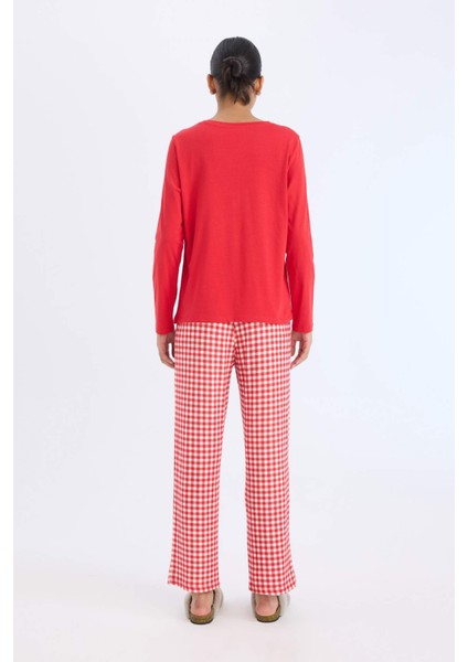 Pijama Takımı Regular Fit Uzun Kollu Üst Kareli Uzun Altı-Fall in Love D2303AX24WN