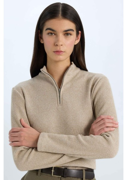 Slim Fit Dar Kesim Yarım Fermuarlı Tweed Uzun Kollu Tişört