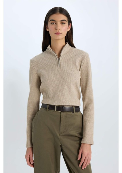 Slim Fit Dar Kesim Yarım Fermuarlı Tweed Uzun Kollu Tişört