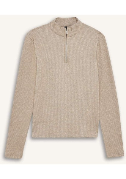 Slim Fit Dar Kesim Yarım Fermuarlı Tweed Uzun Kollu Tişört