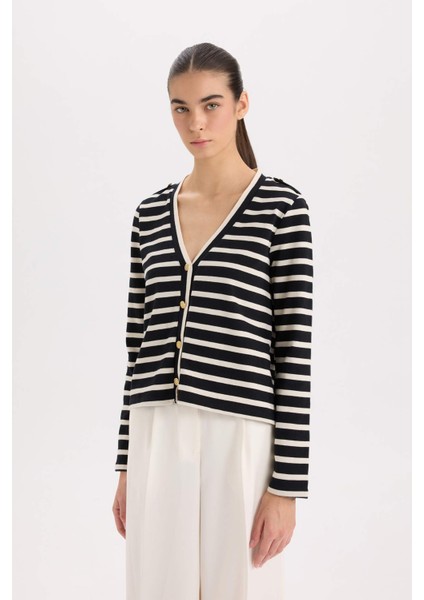 Regular Fit V Yaka Çizgili Fitilli Kaşkorse Düğmeli Hırka D5530AX24AU