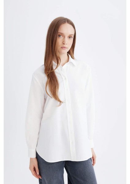 Relax Fit Basic Düz Poplin Uzun Kollu Gömlek Tunik