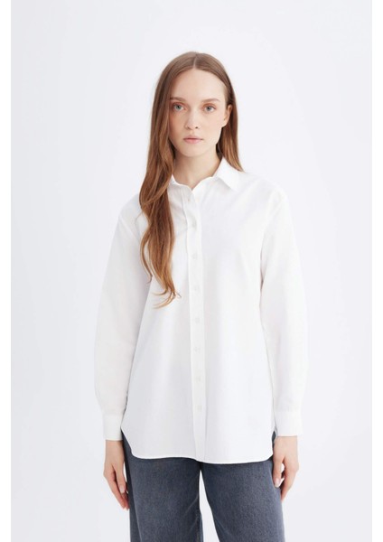 Relax Fit Basic Düz Poplin Uzun Kollu Gömlek Tunik