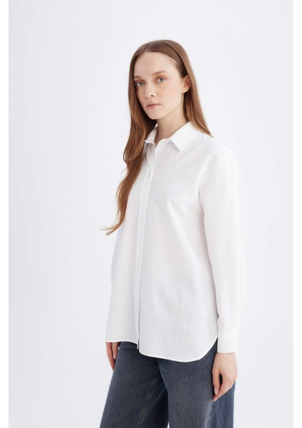 Relax Fit Basic Düz Poplin Uzun Kollu Gömlek Tunik