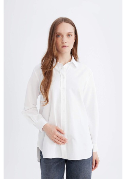 Relax Fit Basic Düz Poplin Uzun Kollu Gömlek Tunik