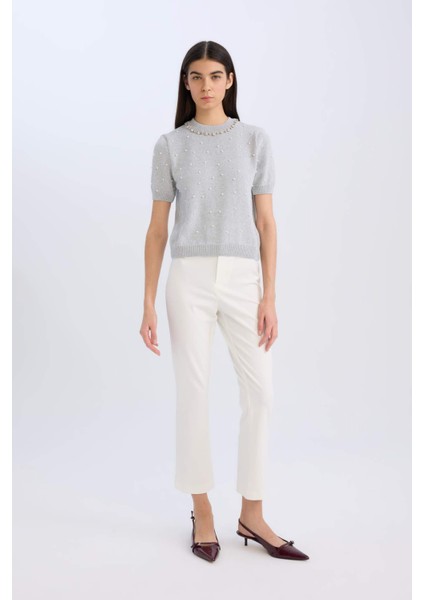 Regular Fit Taşlı Bisiklet Yaka Basic Düz Triko Kazak D8520AX24WN