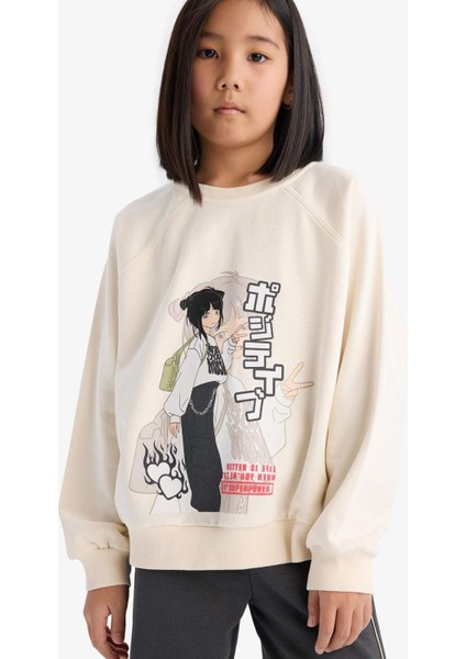 Kız Çocuk Relax Fit Bisiklet Yaka Anime Baskılı Sweatshirt D8817A825SP