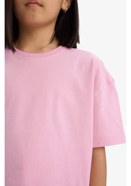 Kız Çocuk Relax Fit Bisiklet Yaka Basic Düz Kısa Kollu Tişört D9099A825SM