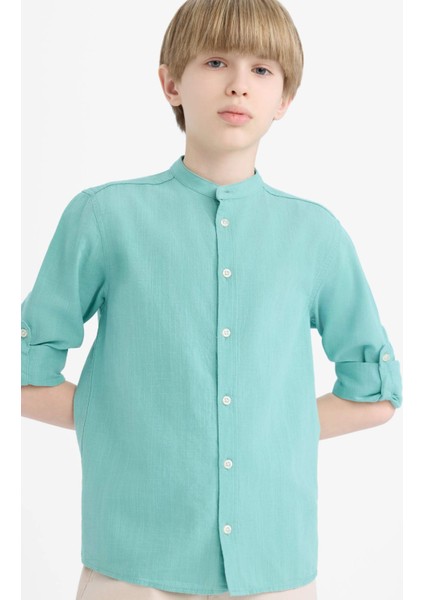 Erkek Çocuk Dik Yaka Keten Görünümlü Uzun Kollu Gömlek Z1035A625SM
