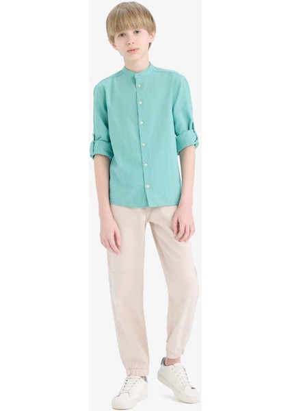Erkek Çocuk Dik Yaka Keten Görünümlü Uzun Kollu Gömlek Z1035A625SM