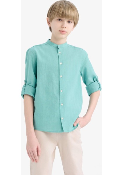 Erkek Çocuk Dik Yaka Keten Görünümlü Uzun Kollu Gömlek Z1035A625SM