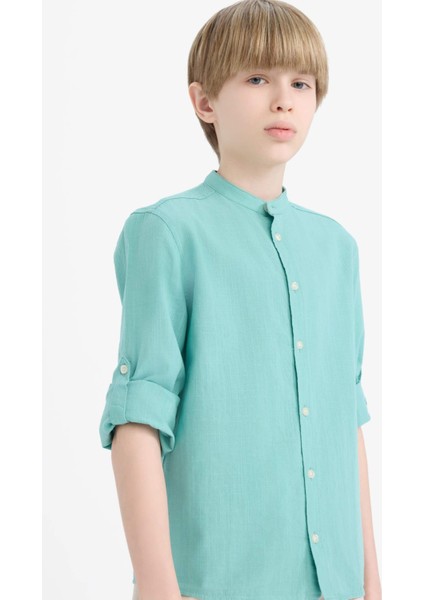 Erkek Çocuk Dik Yaka Keten Görünümlü Uzun Kollu Gömlek Z1035A625SM