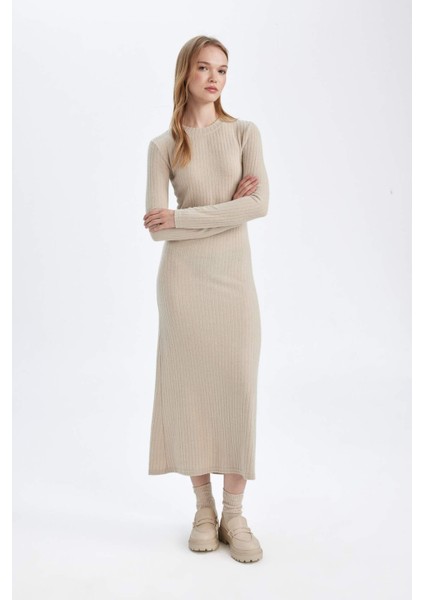 Bodycon Vücudu Saran Bisiklet Yaka Basic Düz Kaşkorse Uzun Kollu Maxi Elbise D3373AX24WN