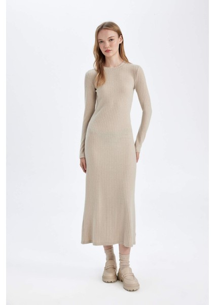 Bodycon Vücudu Saran Bisiklet Yaka Basic Düz Kaşkorse Uzun Kollu Maxi Elbise D3373AX24WN