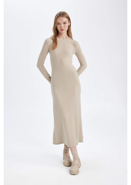 Bodycon Vücudu Saran Bisiklet Yaka Basic Düz Kaşkorse Uzun Kollu Maxi Elbise D3373AX24WN