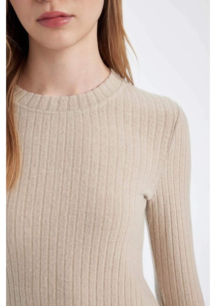 Bodycon Vücudu Saran Bisiklet Yaka Basic Düz Kaşkorse Uzun Kollu Maxi Elbise D3373AX24WN