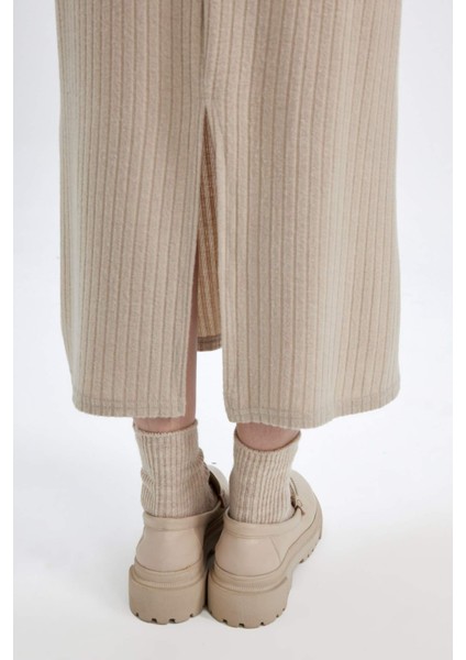 Bodycon Vücudu Saran Bisiklet Yaka Basic Düz Kaşkorse Uzun Kollu Maxi Elbise D3373AX24WN