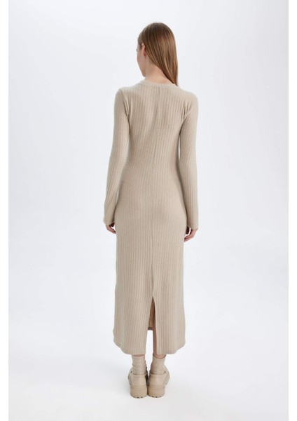 Bodycon Vücudu Saran Bisiklet Yaka Basic Düz Kaşkorse Uzun Kollu Maxi Elbise D3373AX24WN