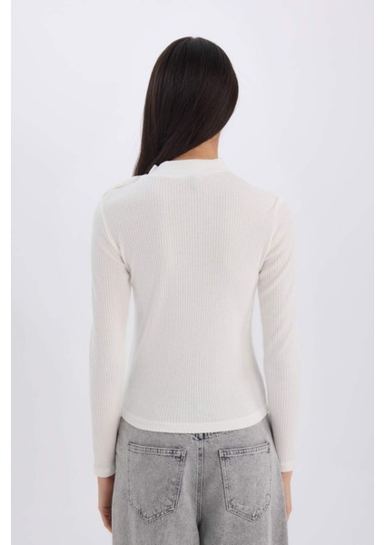 Slim Fit Dar Kesim Yarım Balıkçı Yaka Fitilli Kaşkorse Uzun Kollu Tişört D9499AX24WN
