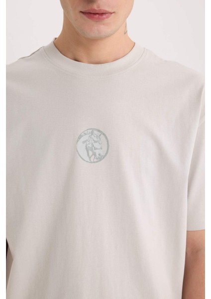 %100 Pamuk Boxy Fit Bisiklet Yaka Sırt Baskılı Kısa Kollu Tişört D9342AX25SP