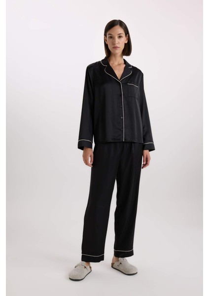 Pijama Takımı Saten Uzun Kollu Üst Uzun Beli Lastikli Alt-Fall in Love C9444AX25SP