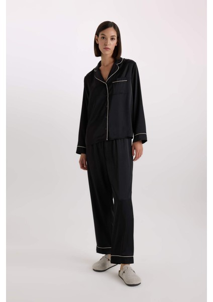Pijama Takımı Saten Uzun Kollu Üst Uzun Beli Lastikli Alt-Fall in Love C9444AX25SP