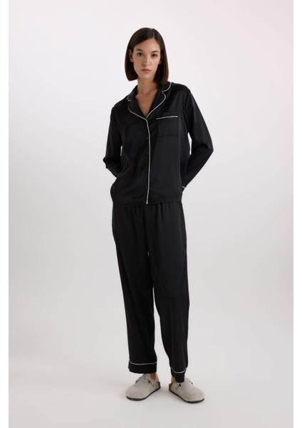 Pijama Takımı Saten Uzun Kollu Üst Uzun Beli Lastikli Alt-Fall in Love C9444AX25SP