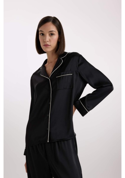 Pijama Takımı Saten Uzun Kollu Üst Uzun Beli Lastikli Alt-Fall in Love C9444AX25SP