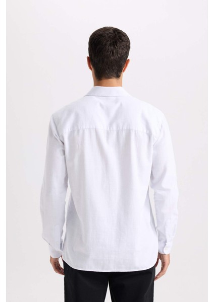 %100 Pamuk Regular Fit Pamuklu Basic Düz Keten Görünümlü Uzun Kollu Beyaz Gömlek D7079AX24SP