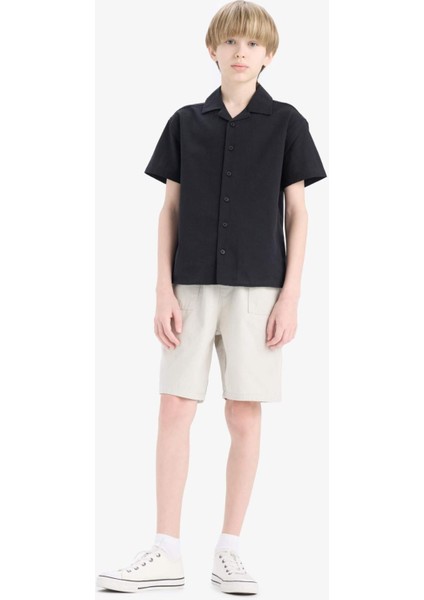 Erkek Çocuk Oversize Geniş Kalıp Polo Yaka Keten Görünümlü Kısa Kollu Gömlek D5861A825SM